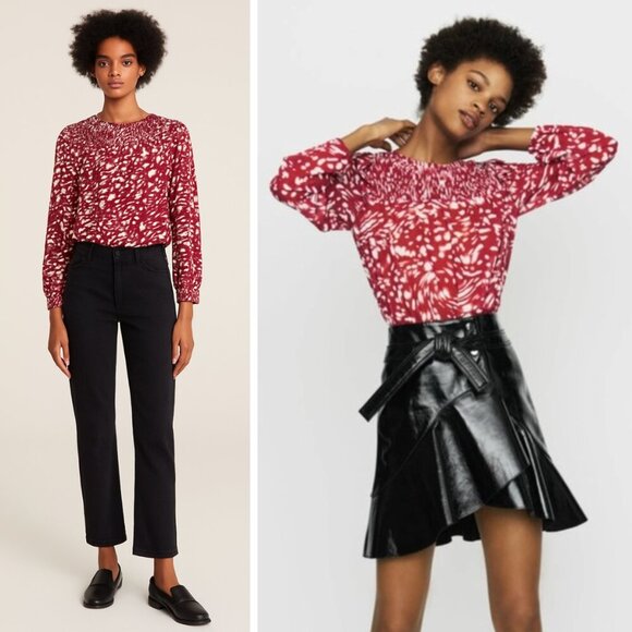 NEW Maje Lipone Swirling Dot Chiffon Ruffle Smock Blouse Preppy French Coastal - Picture 1 of 9